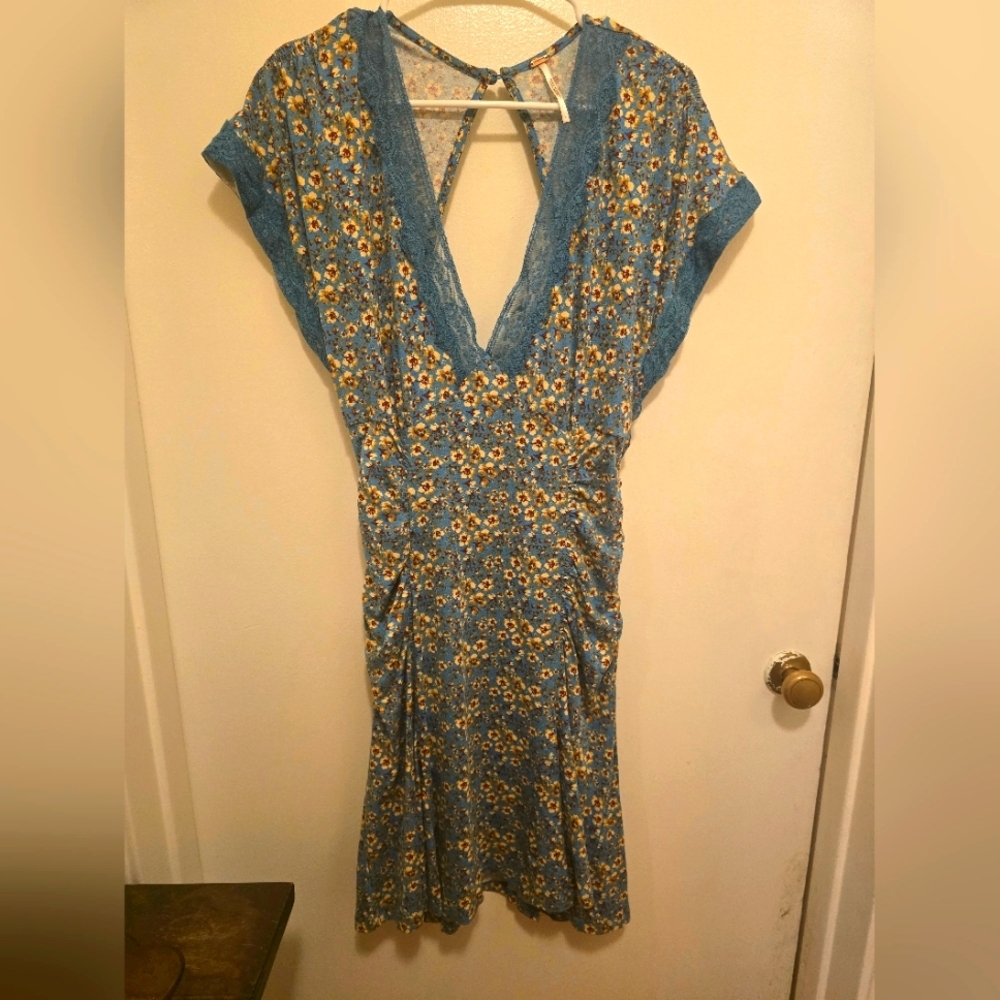 Free People Sweet Talker Mini Dress Floral Blue Large - Picture 2 of 7
